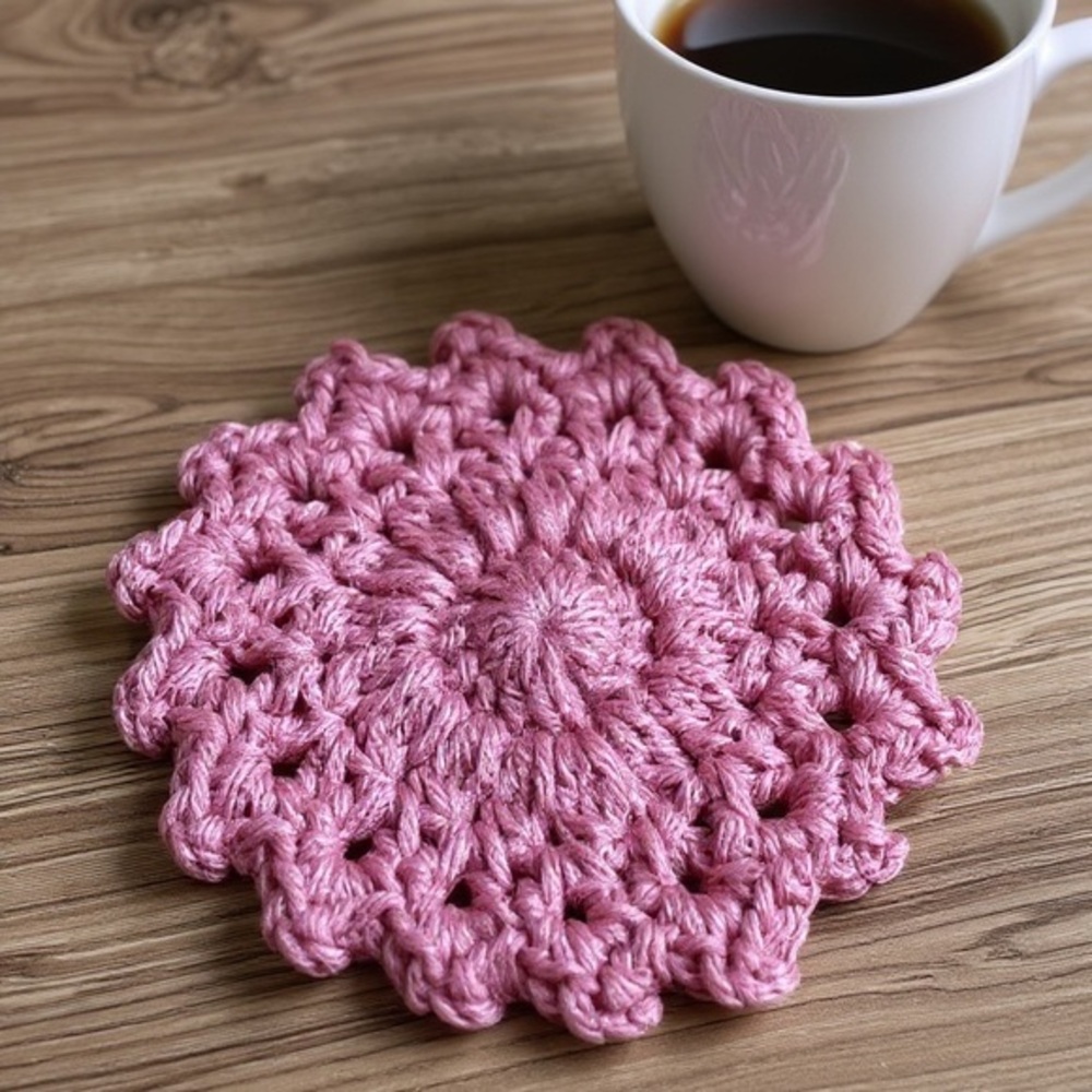Set of 4 Handcrafted Pink Crochet Coaster - Picture 1 of 8